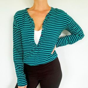 Splendid green blue stripe half button lightweight long sleeve blouse size XS